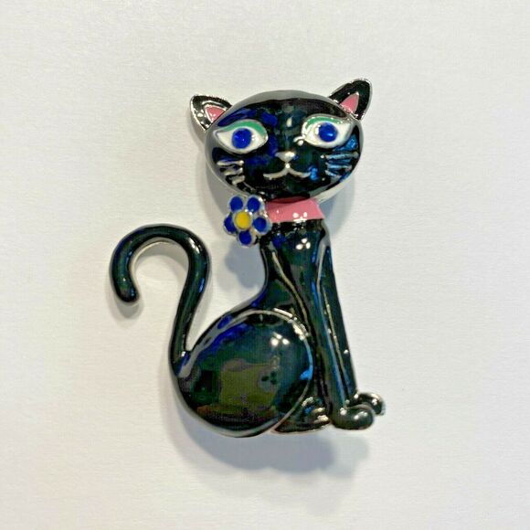 Black Enamel Cat Brooch Mod Kitschy Kitty Pin Retro Kitten Brooch Blue Eyes NEW - Picture 1 of 4